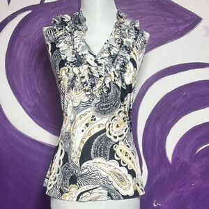 Milano Women’s Black and Cream Paisley Ruffle Blouse size M Preowned